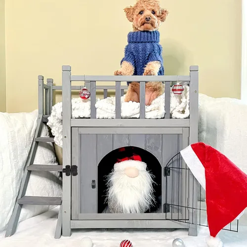 Aivituvin Casa para gatos al aire libre con puerta de alambre con cerradura, refugio de madera para perros, condominio para interiores con balcón,