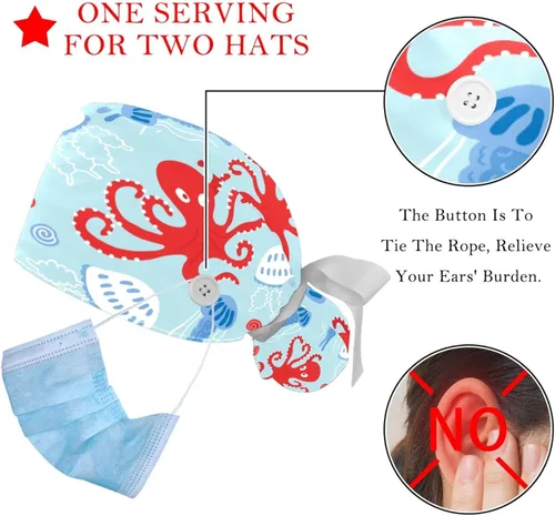 Miniatura 3 de Paquete de 2 gorras de trabajo con botones, banda para el sudor, gorras quirúrgicas ajustables para mujeres y hombres, pulpo de ballena oceánica