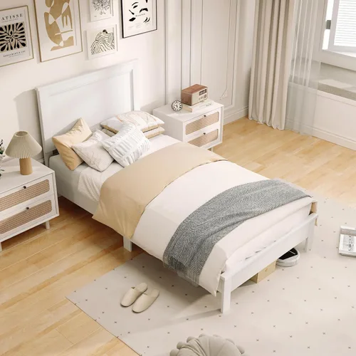 Miniatura 14 de KOMFOTT Armazón de Cama de Plataforma de Madera Tamaño Twin con Cabecero, Cama de Plataforma de Madera de Mediados del Siglo con Soporte de Listones