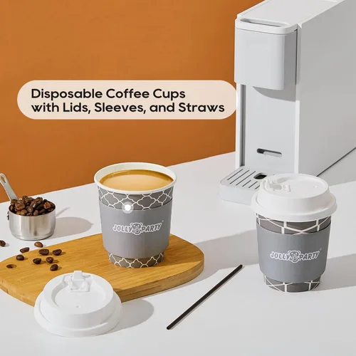 Miniatura 6 de JOLLY PARTY [100 Sets] Tazas de papel para café de 10 onzas, tazas de café desechables con tapas, fundas y popotes, tazas para bebidas