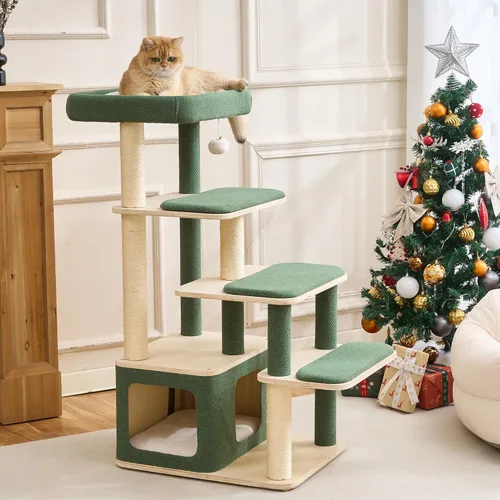 Moderno árbol de madera para gatos grandes – Condominio de madera para gatos de 43.5 pulgadas con postes rascadores de sisal, cojines lavables, gran