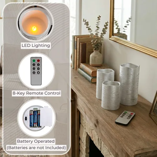Miniatura 3 de Lavish Home Juego de 3 velas LED sin llama con control remoto, velas de pilar de cera real con temporizador y acabado metálico envejecido (plateado)