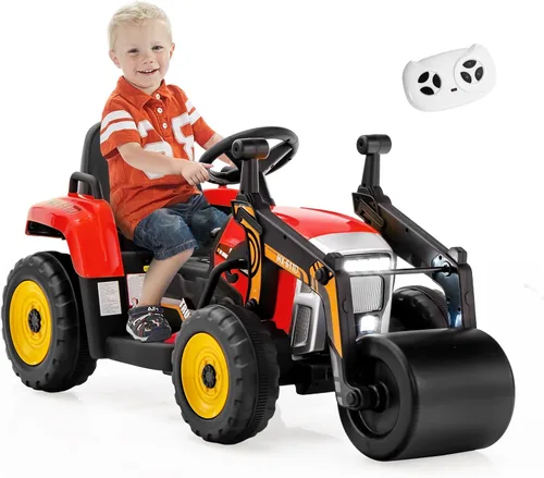 Costzon Auto para montar en coche, rodillo de carretera de 12 V con control remoto, tractor eléctrico a batería con rodillo de tambor ajustable, Rojo