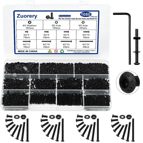 Kit surtido de tornillos M2 de 1080 piezas, tornillos M2 M2x4/6/8/10/12/16/20/0.984 in, tornillos M2 de cabeza de botón hexagonal métrica de acero