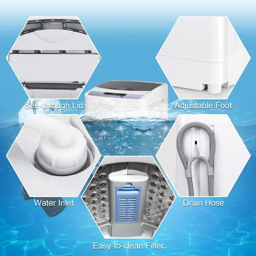 Miniatura 9 de COSTWAY Lavadora portátil, capacidad de 12 libras, lavadora completamente automática con 10 programas de lavado, pantalla LED, 8 niveles de agua