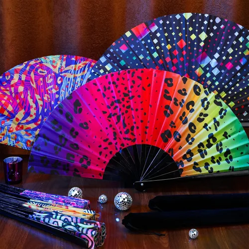 Miniatura 7 de FairySandy 20 abanicos de mano plegables grandes con varillas de plástico para hombres y mujeres, arco iris chino japonés con funda de tela