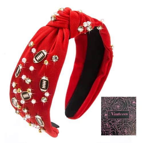 Miniatura 11 de Diadema de moda de fútbol para mujer con perlas de fantasía en negro, rojo, naranja y azul con nudo para niñas, diadema ancha y bonita para el Día