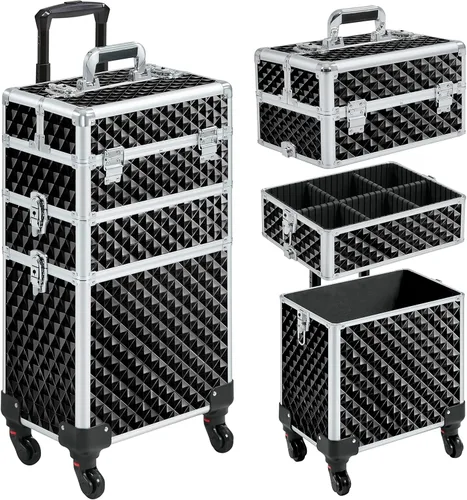 Yaheetech Estuche de tren de maquillaje rodante 3 en 1, organizador de gran capacidad con ruedas giratorias, carrito cosmético para llaves para Negro