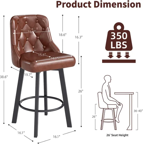 Miniatura 2 de Youhauchair Juego de 4 taburetes de bar, de 26 pulgadas, modernos taburetes de bar con respaldo, reposapiés y patas de metal, silla de bar tapizada