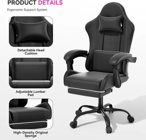 Miniatura 7 de Silla para videojuegos, sillas ergonómicas de computadora con brazos, soporte lumbar, reposapiés, reposacabezas giratoria de 360°, respaldo y altura