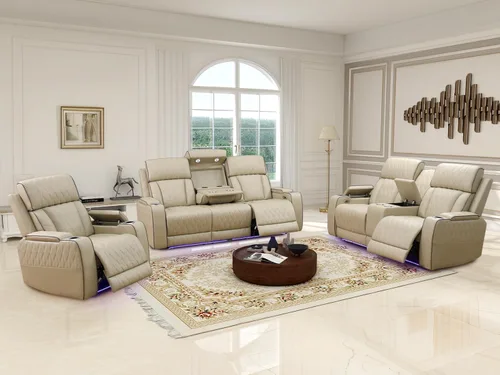 Miniatura 44 de Juego de sofá reclinable eléctrico, seccional de cuero transpirable beige, juego de muebles de sala de estar, 2 piezas, sofá reclinable eléctrico