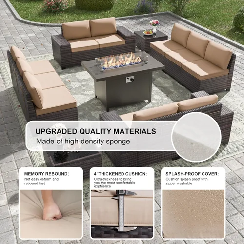 Miniatura 4 de Kullavik Juego de 13 muebles de patio al aire libre con mesa de fogata de gas propano de 43 pulgadas, 55000 BTU, mimbre de polietileno, sofá Arena