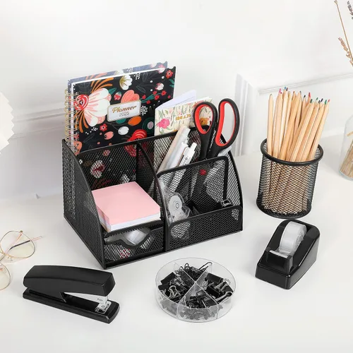 Miniatura 2 de SKYDUE Suministros de oficina negros, organizador de escritorio de malla, grapadora, dispensador de cinta, tijeras, carpeta/clips de papel y 1000