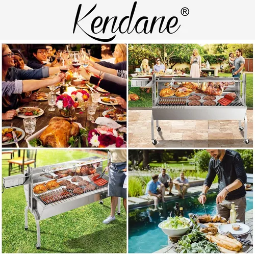 Miniatura 5 de Kendane Parrilla con Asador Giratorio a Carbón, Parrillón de Acero Inoxidable de 46 Pulgadas con Cubierta para Cerdo y Cordero, Asador a Carbón