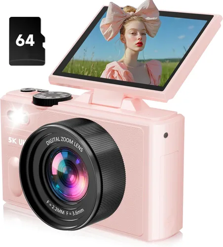 Miniatura 10 de Cámara digital 5K para fotografía, cámara digital de 80 MP con pantalla abatible de 3 pulgadas y 180° con zoom de 18X, tarjeta SD de 64 GB, cámara