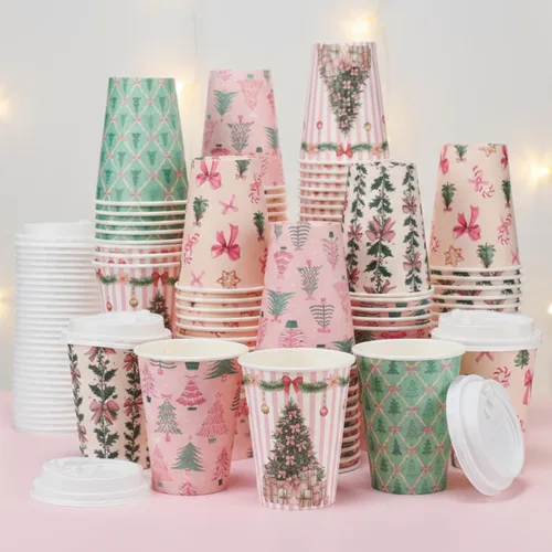 Miniatura 12 de Gerrii Juego de 100 vasos de papel de Navidad desechables de 12 onzas con tapas, tazas de chocolate caliente, tazas de café, tazas calientes