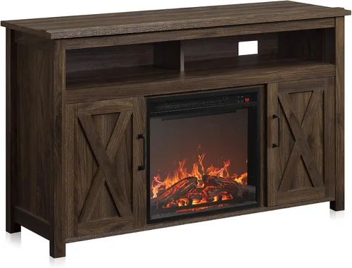 BELLEZE Mueble/Soporte de TV Moderno de Madera con Puerta de Granero de 48" con Calentador de Chimenea Eléctrica de 18" y Mesa Consola de Centro de