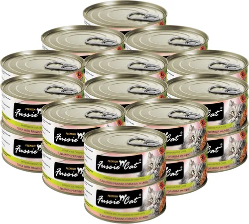 Fussie Cat Comida húmeda prémium de atún y gambas en Aspic sin granos para gatos, 2.82 onzas, caja de 24
