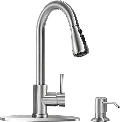 Miniatura 19 de VFAUOSIT - Grifo de cocina con rociador extraíble, grifo de fregadero de cocina sin plomo, níquel cepillado, acero inoxidable, arco alto, extracción