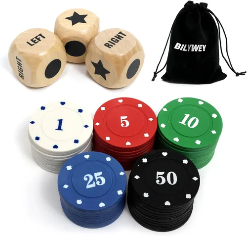 Miniatura 6 de Bilywey - Juego de dados izquierda-derecha-centro con 3 dados + 36 fichas negras (negro)