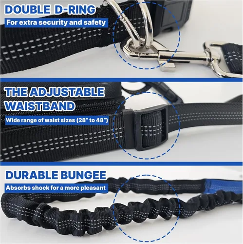 Miniatura 3 de Correa para perro manos libres con cinturón y bolsa grande con cremallera, correa de cintura para pasear perros, correr y senderismo, costuras Negro