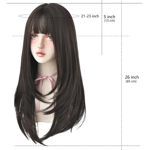 Miniatura 3 de 7JHH WIGS - Peluca de cabello sintético largo y liso con flequillo para mujer, aspecto natural (22 pulgadas, té negro)