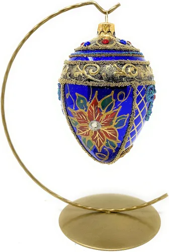 Miniatura 6 de Fabergé - Huevo de cristal soplado de 5 pulgadas, adorno para árbol de Navidad, flor de pascua, color azul marino Poinsettia azul marino y rojo