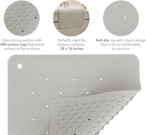 Miniatura 2 de HEVEA Tapete de baño ondulado de goma natural, largo, 28 x 16 pulgadas, tapete antideslizante para ducha y bañera con 388 ventosas, sin plástico