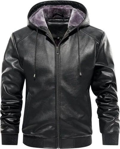 Miniatura 2 de Fanarcher Chaqueta de hombre de piel sintética con forro polar acolchada tipo bomber para motocicleta con capucha
