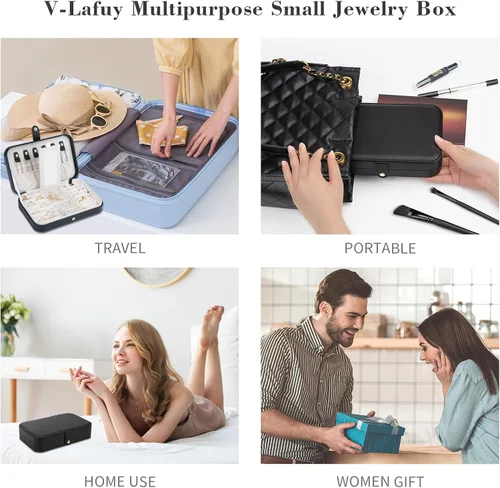 Miniatura 6 de Joyero pequeño, joyero de viaje portátil para mujer, mini organizador de viaje de 2 capas, regalo para mujeres y niñas, negro A