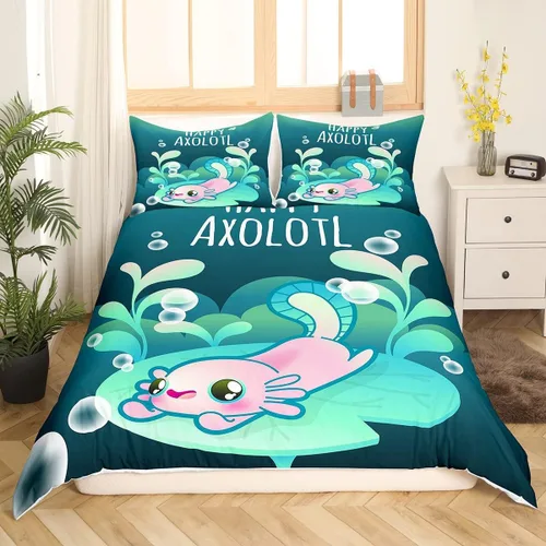 Miniatura 3 de jejeloiu Juego de funda de edredón verde de ajolote de dibujos animados, juego de ropa de cama Kawaii de animales 3D para niños, niñas, niños