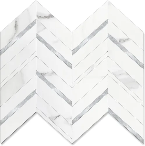 Miniatura 16 de STICKGOO 10 hojas de azulejos en espiga para despegar y pegar, mármol Calacatta mezclado con PVC dorado claro para salpicaderos, azulejos de pared