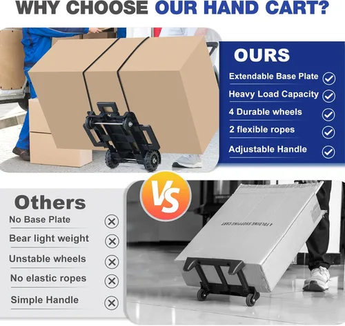 Miniatura 2 de Carretilla de Mano Plegable Pequeña, Carrito Utilitario Plegable con 4 Ruedas y 2 Cuerdas Elásticas, Carrito Plegable, Carretilla Mochila, Hierro