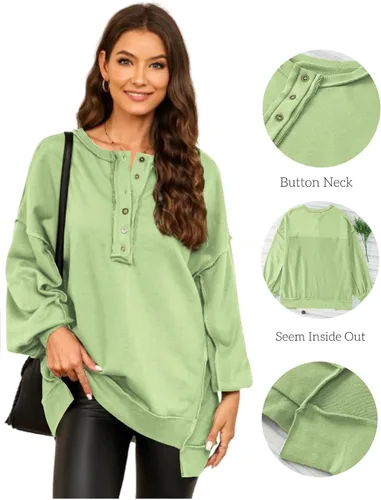 Miniatura 26 de AlvaQ - Sudadera de gran tamaño para mujer, informal, de manga larga, con botones y cuello Henley, tipo túnica