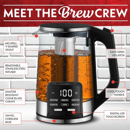 Miniatura 6 de Gourmia Hervidor eléctrico programable de vidrio – 1.7L Control de temperatura para té y café con pantalla táctil digital, 6 ajustes
