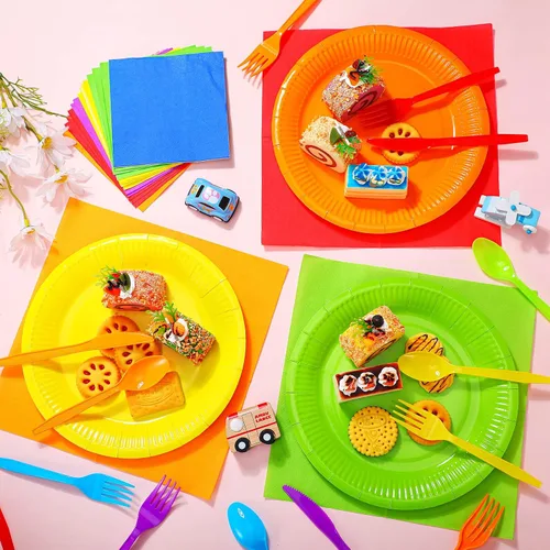 Miniatura 4 de Jinei Juego de 168 piezas de vajilla de fiesta arcoíris de 7 y 9 pulgadas, platos y servilletas desechables de papel coloridos y tazas, tenedores