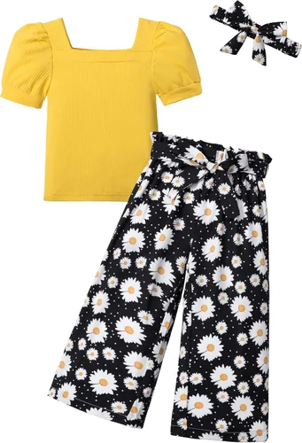 Miniatura 13 de DONWEN Conjunto de 3 piezas de ropa para niñas pequeñas y niñas con cuello cuadrado + pantalones elegantes + diadema para primavera y verano