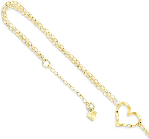 Miniatura 8 de Tobilleras de oro para mujer oro amarillo de 14 quilates doble hebra corazón 9 pulgadas más 1 extensión de tamaño de cadena ajustable tobillera
