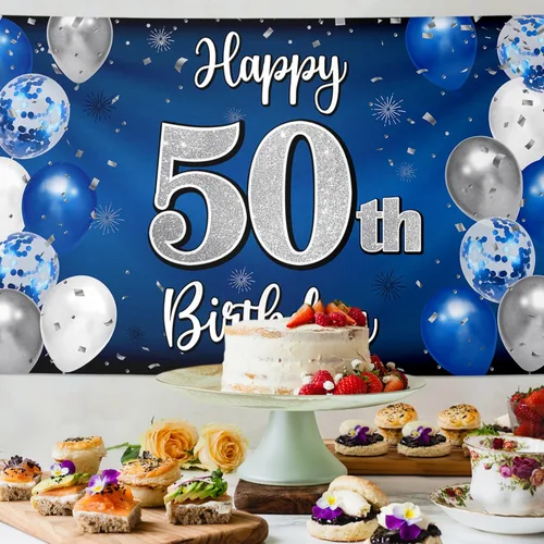 Miniatura 103 de Decoración de feliz cumpleaños 35, globo azul y plateado de 35 años, cartel grande de telón de fondo de cumpleaños, suministros para fiesta de 35th