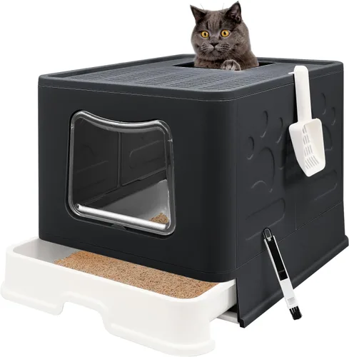Miniatura 14 de Caja de arena plegable para gatos con tapa, orinal cerrado, inodoro grande de entrada superior antisalpicaduras, fácil de limpiar, incluye pala