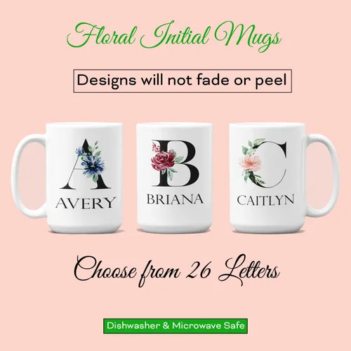 Miniatura 3 de Personalized Mug with Floral Inital and Name, Letters A-Z Coffee Mug for Bridesmaid Gift, Teachers Gift, Girls Trip Gift, Favors & More