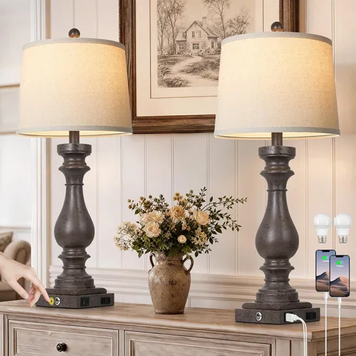 Miniatura 9 de Cinkeda Juego de 2 lámparas de mesa de 29 pulgadas de alto para sala de estar, lámparas vintage para mesita de noche con puertos USB C+A y salida
