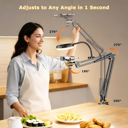 Miniatura 14 de Soporte de cámara superior con anillo de luz, brazo flexible articulado para teléfono compatible con iPhone, webcam Logitech, trípode de escritorio