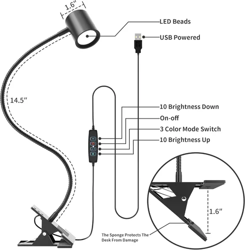 Miniatura 6 de Lámpara de escritorio Dott Arts, luz con clip USB, luces de libro para leer por la noche, 3 modos de color, 10 niveles de brillo, luz de lectura LED