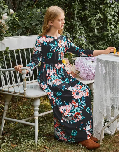 Miniatura 60 de 21KIDS Vestido largo floral de manga larga 3/4 con bolsillos para niñas de 6 a 12 años