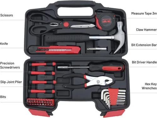Miniatura 3 de Kit de Herramientas para el Hogar de 39 Piezas - Conjunto Integral y Esencial de Herramientas de Reparación para Dormitorio, Uso Doméstico, Rojo