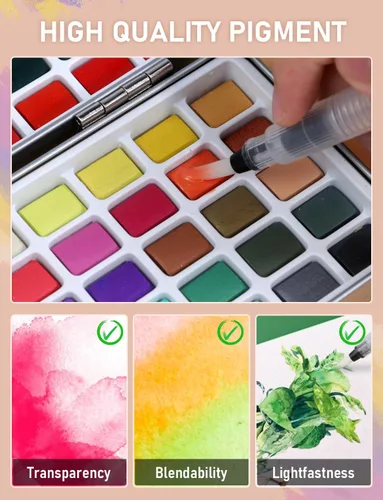 Miniatura 4 de Nicpro Juego de pintura de acuarela de 100 colores, macarrón metálico y fluorescente, 8 pinceles sintéticos de ardilla, 25 papel de acuarela