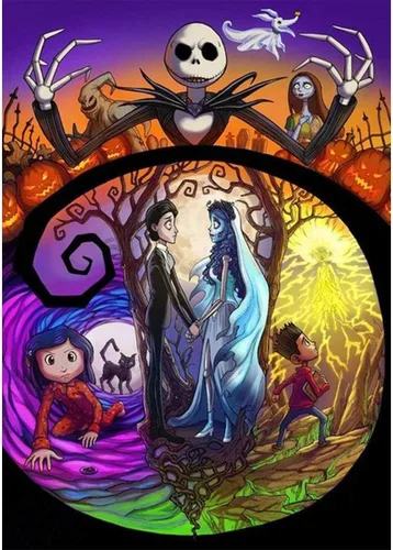 Pintura de diamantes DIY Jack y Sally de Halloween 12x16 Pulgadas, Kits completos de taladro redondo Nightmare Before Christmas Punto de cruz Arte