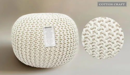 Miniatura 7 de Puf Cotton Craft tejido a mano con estilo de cable Dori Pouf, otomano para el piso, 100 % algodón trenzado, hecho y cosido a mano, un asiento único