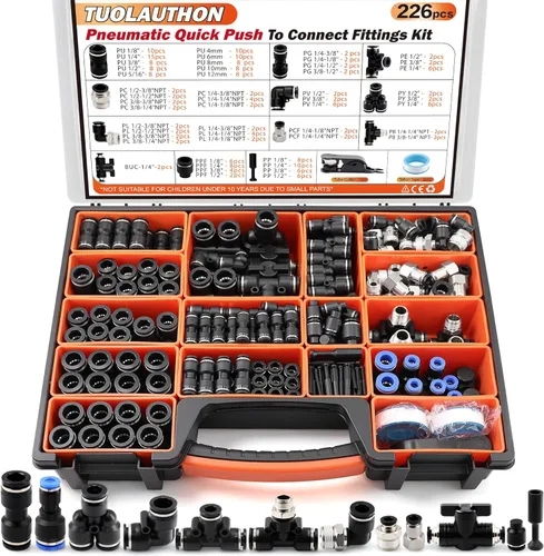 Miniatura 10 de Kit de accesorios de aire de empuje para conectar, 180 piezas, imperial de 1/8", 1/4", 5/16", 3/8", 1/2" y métrico 4,6,8,10,12 in surtido neumático